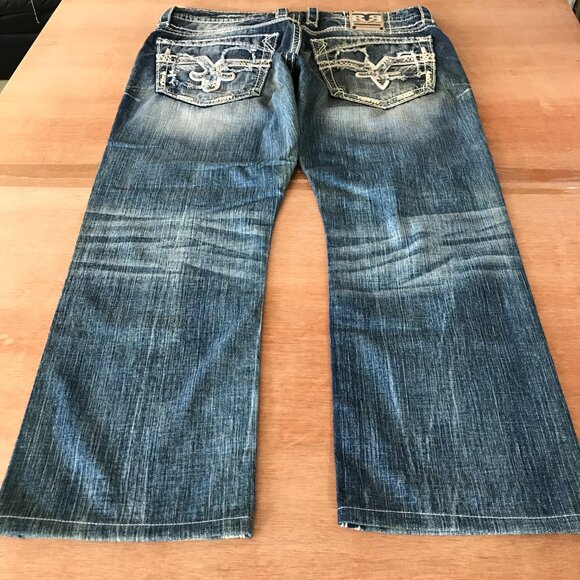 Rock Revival Suhul Straight Jeans Men 38x28 Blue Mid Rise Distressed Embroidered - Picture 2 of 16